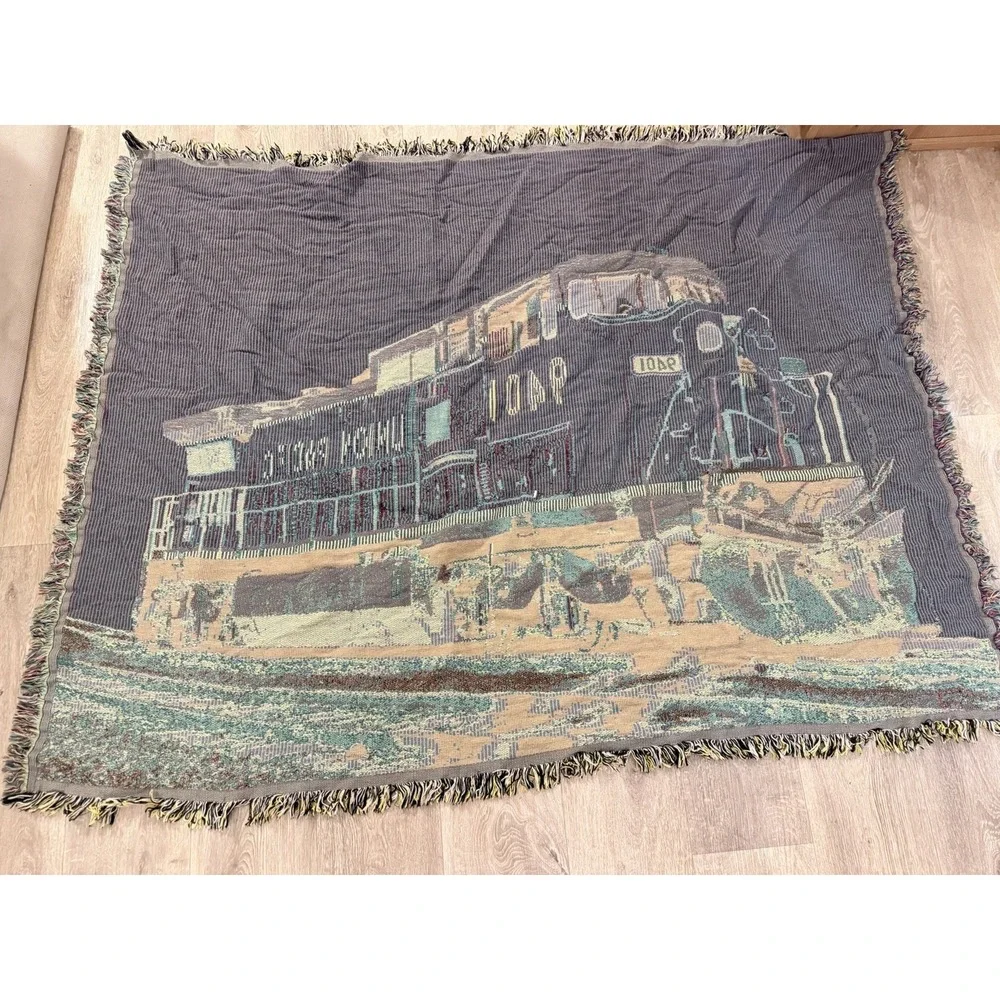 Vtg Union‎ Pacific Railroad Tapestry Throw Blanket 75x56